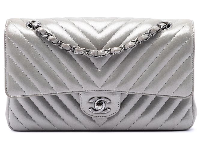 Chanel Prata Medium Classic Chevron Lambskin Iridescent Double Flap