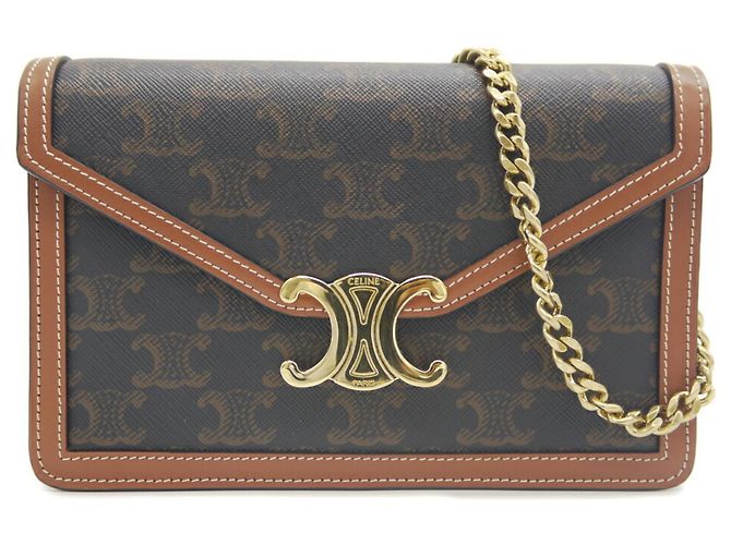 Céline Bolsa de Ombro Celine Chain Wallet Margot Triomphe Canvas Marrom