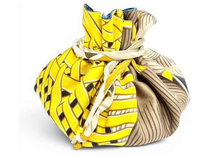 Bolsa de cordón Petit H 100% seda Hermès Azul Amarillo