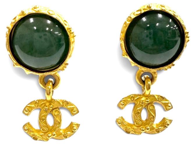 CHANEL Orecchini Vintage 96A Gripoix Coco Mark Swing D'oro Verde
