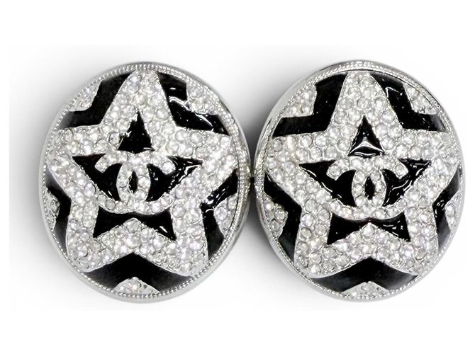 Chanel A23K Coco Mark Star Strass-Ohrringe Schwarz Silber
