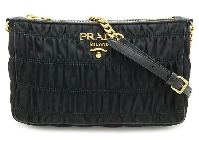 Prada Gathered Nylon Leather Shoulder Bag Black