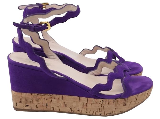 Prada Wavy Strap Accent Wedge Sandals in Violet Suede Purple