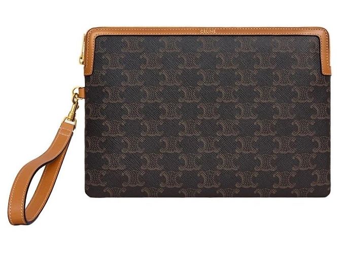 Céline Small Strap Clutch Bag aus Triomphe Canvas Tan Braun