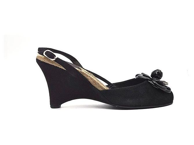 Chanel Sandali con zeppa espadrilles Camellia Nero