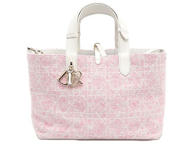 Dior Bolsa Tote de Tweed Rosa Médio e Cannage Branco de Ombro