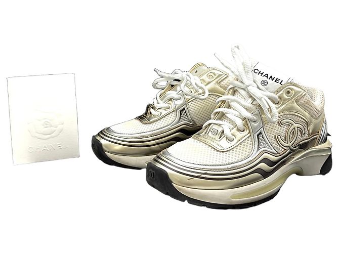 Chanel Laminated Sneakers with CC Logo Golden