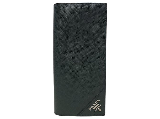 Prada Emerald Green Metal Logo Saffiano Leather Long Wallet
