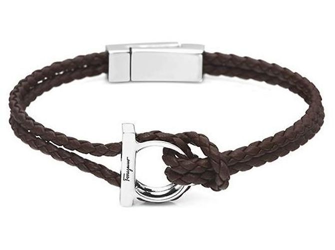 Salvatore Ferragamo Bracciale Large Double Braid in pelle marrone doppia