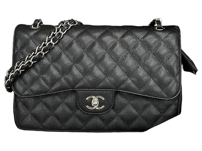 Chanel Borsa Classic Large Flap Nera Caviar Argento Nero