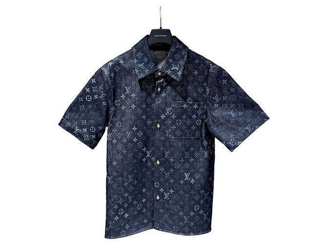 Louis Vuitton Chaqueta-camisa de manga corta en denim con monograma Azul