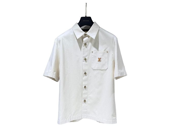 Louis Vuitton Camicia-giacca in seta e cotone con tasca con logo Avorio Bianco