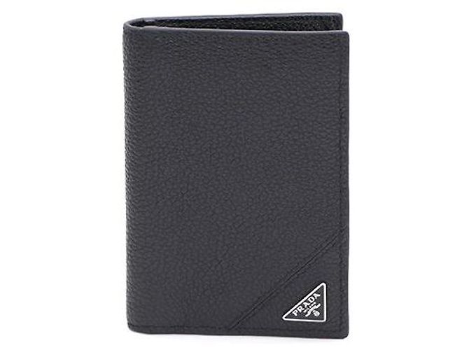 Prada Vitello Micro Grain Triangle Logo Card Holder Wallet Black