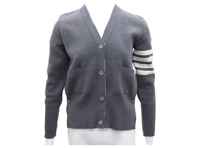 Thom Browne Gestreifter V-Ausschnitt-Cardigan aus Virgin Wool Braun