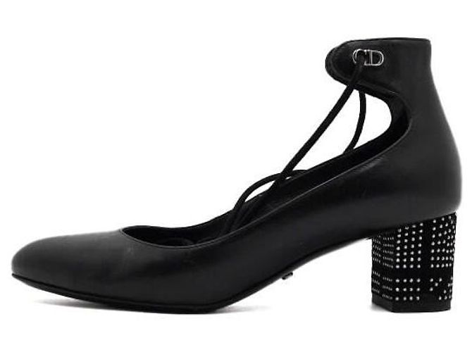 Dior Black Leather Silver Studded Pumps Strap Women's Shoes