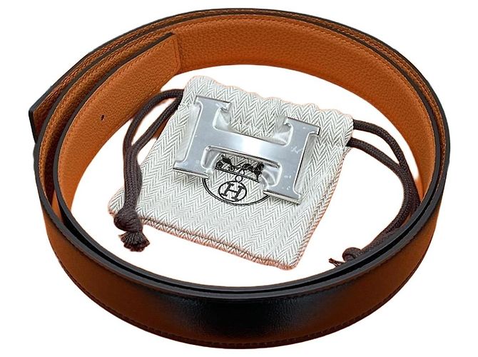 Hermès Reversible Belt Black/Orange Silver Shiny