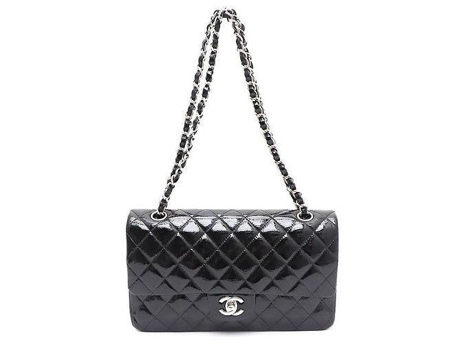 Chanel Patent Classic Medium Silver Chain Shoulder Bag Black