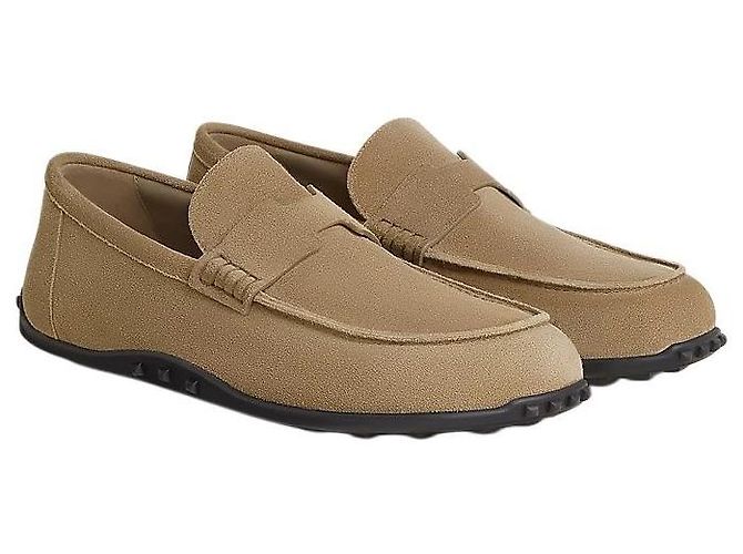 Hermès Mocassin Lazy en cuir de veau suédé Beige Sable Marron