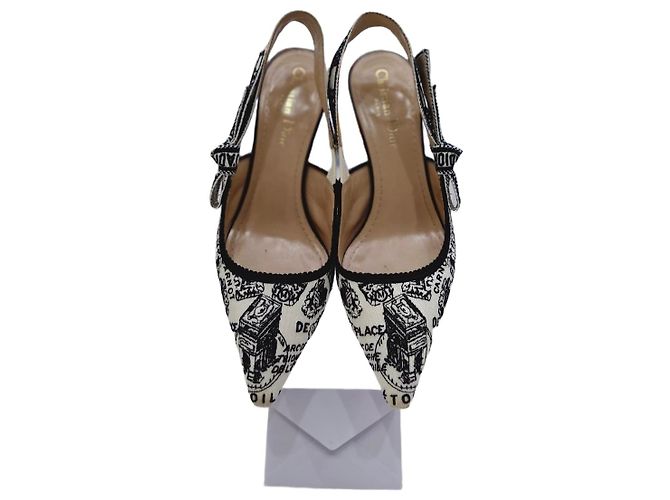 Dior Slingback White and Black Embroidered Pumps Mid Heel