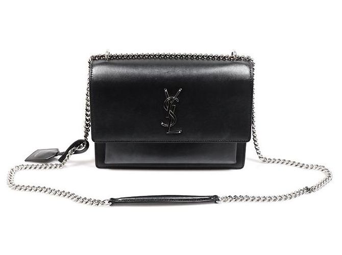 Saint Laurent Bolsa de ombro Sunset Medium em couro de bezerro preto com corrente prateada