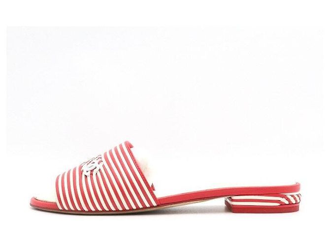 Chanel Red White Leather Two-Tone Women's Mule Slipper