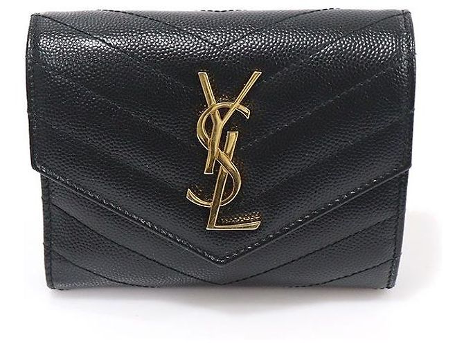 Saint Laurent Textured Black Quilted Compact Tri-Fold Wallet