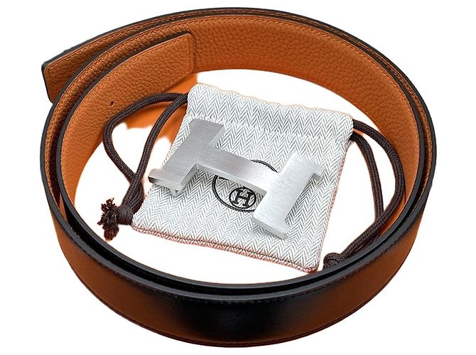 Hermès Reversibler Gürtel Schwarz/Orange Silber Matt