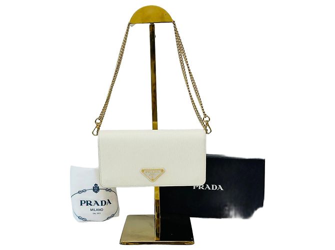 Prada Borsa a tracolla con catena in Vitello Saffiano Bianco