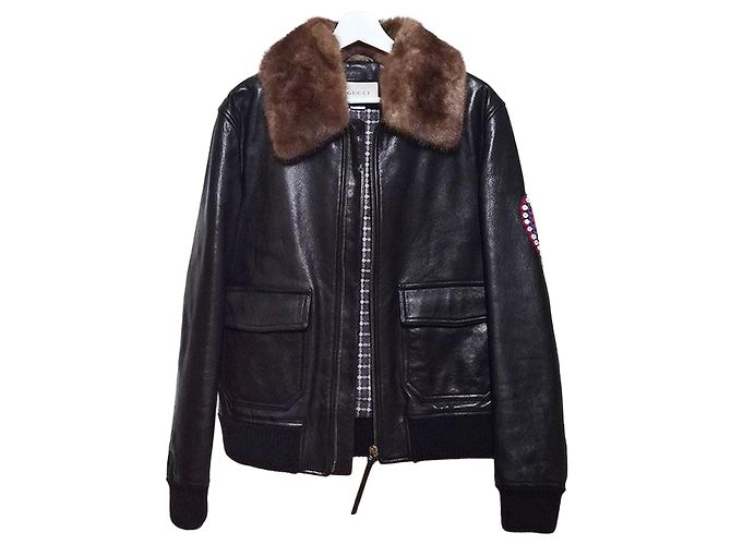 Gucci Embroidered Leather Bomber Jacket Black