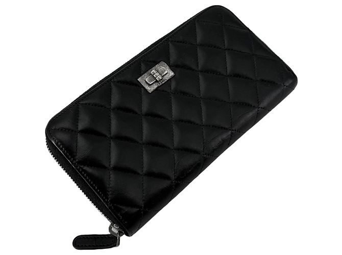 Chanel Lambskin Vintage Silver Logo Zip Long Wallet Black