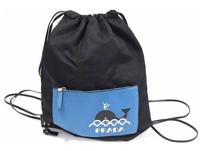 Prada Black Nylon Saffiano Whale Drawstring Backpack