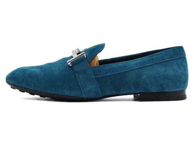 Tod's Mocassini in scamosciato blu con doppio logo argento