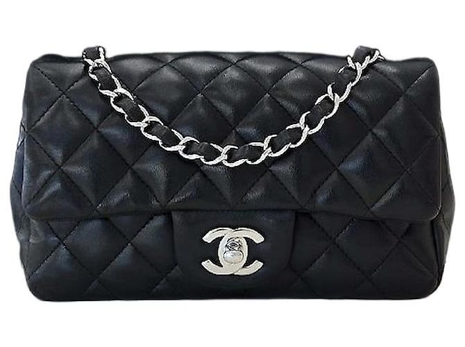 Chanel Borsa a Spalla Classic Lambskin New Mini Silver Leather Nera Nero