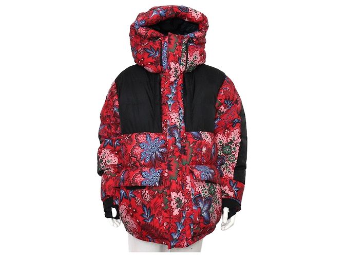 Moncler Black Red Floral Print Hooded Down Jacket