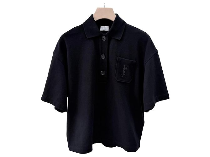 Saint Laurent Polo de Manga Corta de Algodón Negro