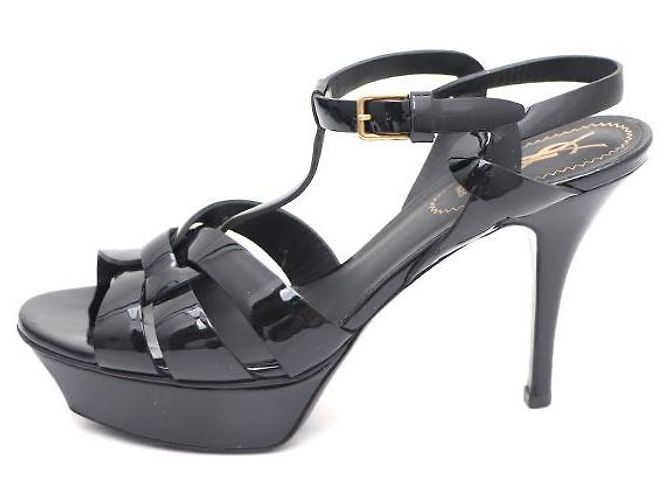 Saint Laurent Patent Leather Platform Pumps Strap Sandals Black