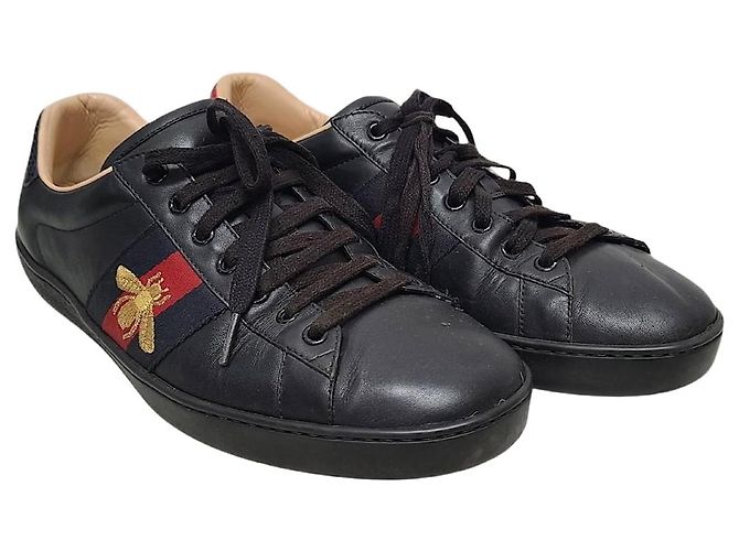 Gucci Sneakers Ace in pelle nera con ricamo ape e web Nero