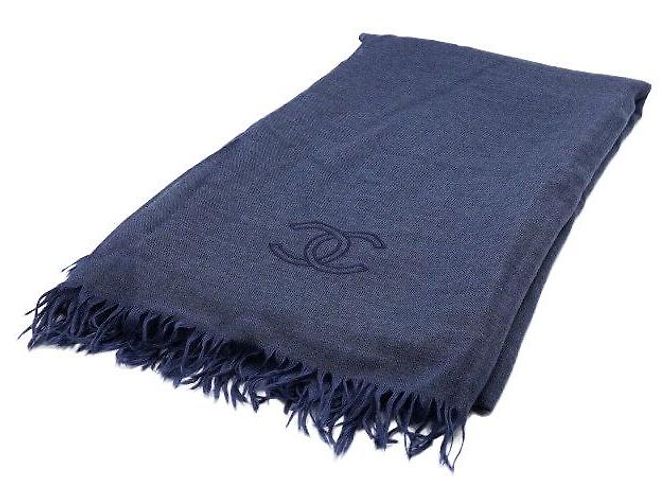 Chanel Sciarpa in misto cashmere e seta con logo ricamato CC Blu
