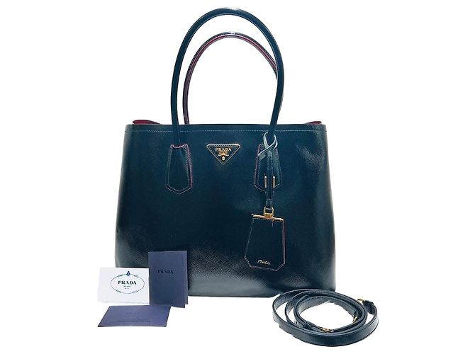 Prada Saffiano Vernice Double Tote Bag with Shoulder Strap Red