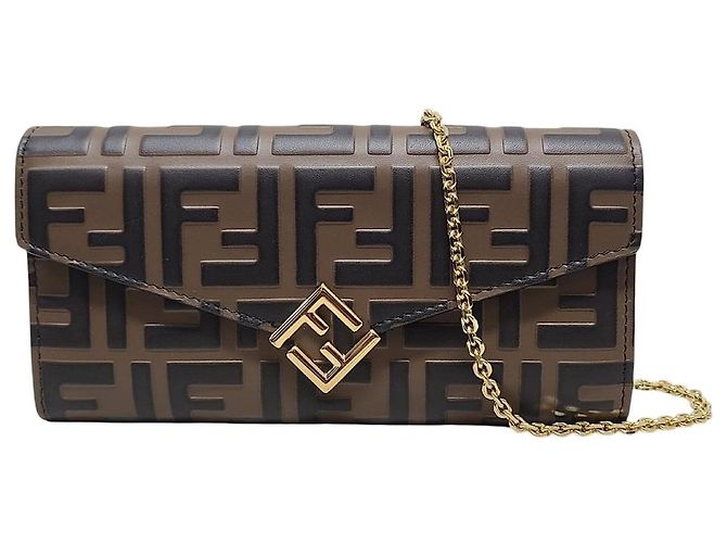 Fendi Brown Black Leather FF Diamond Chain Long Wallet