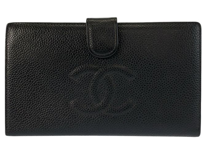 Cartera larga de cuero negro CHANEL Coco Mark