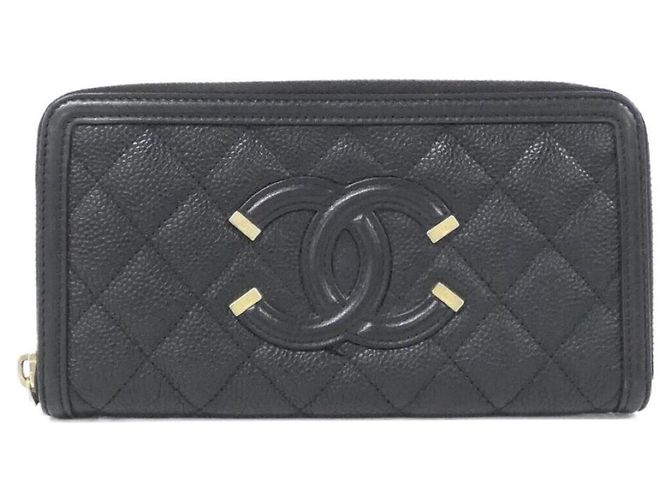 Cartera larga de piel de becerro granulada negra Chanel Negro