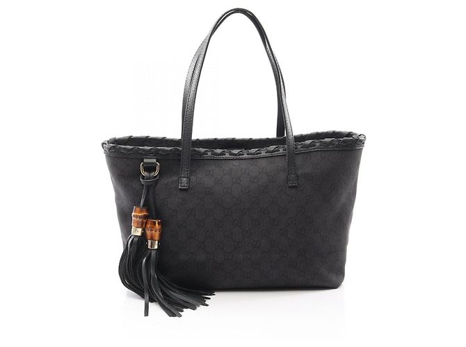 Bamboo Borsa Tote Gucci in denim nero e pelle