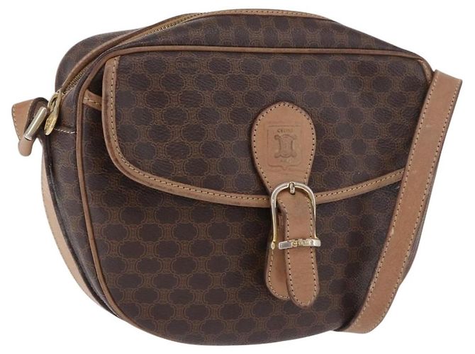 Céline Bolsa de Ombro CELINE Macadam Canvas PVC Couro Marrom Ouro Auth BA14313 Dourado