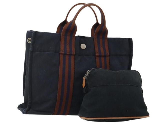 Hermès Sac à main HERMES Canvas 2 Set Black Navy Auth fm5415 Noir Bleu Marine
