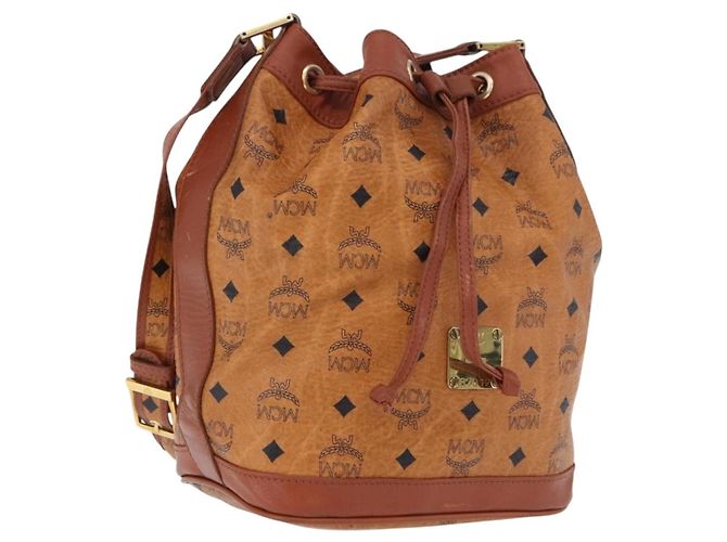 Bolsa de Ombro MCM Vicetos em Couro Marrom Ouro Auth bs35784 Dourado