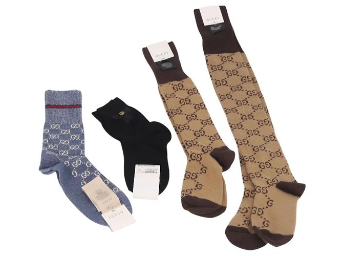 Calzini GUCCI Set da 4 Paia Cotone Beige Marrone Blu Navy Auth mr2726
