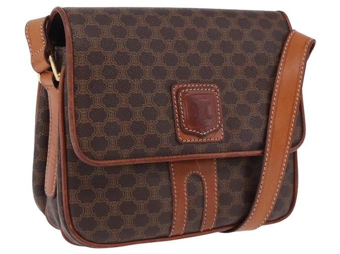Céline Bolsa de Ombro CELINE Macadam Canvas PVC Couro Marrom Ouro Auth ka5281 Dourado