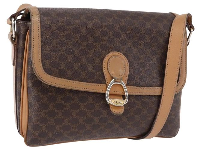 Céline Bolsa de Ombro CELINE Macadam Canvas PVC Couro Marrom Ouro Auth ka5312 Dourado