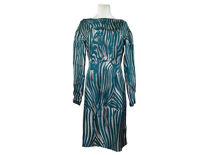 Abito a righe in seta vintage Loewe verde ottanio e argento M Blu